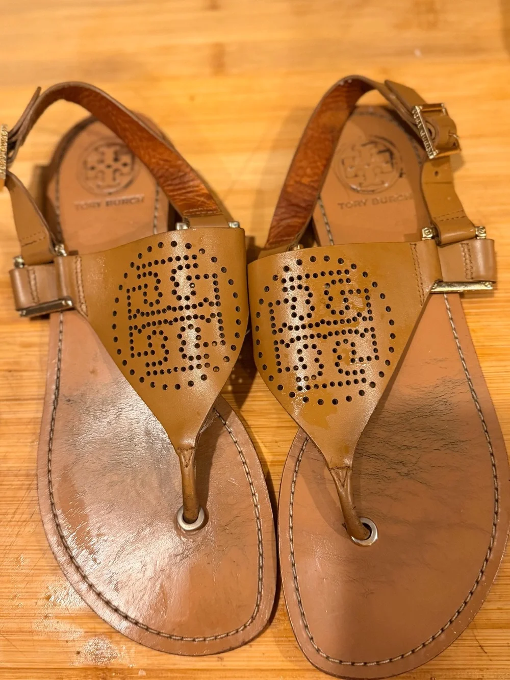Tory Burch Camel Leather Perforated Logo Thong Sandals
